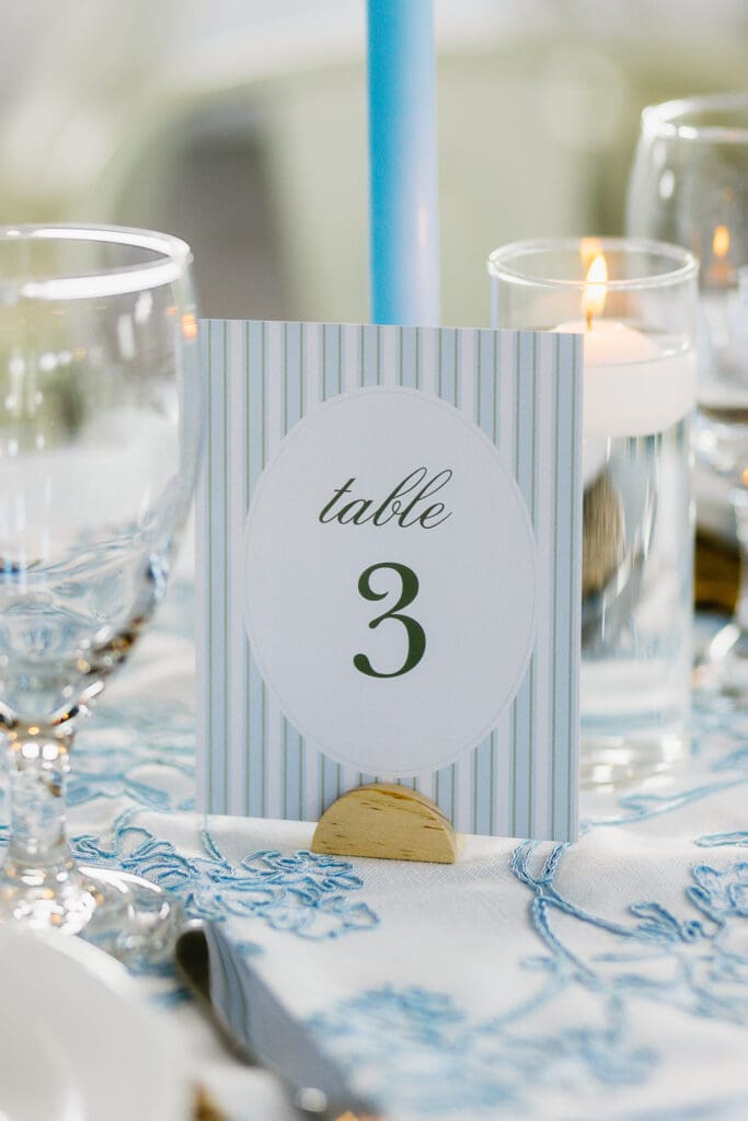 Soft blue and white reception details at The Barn at Paradise Place