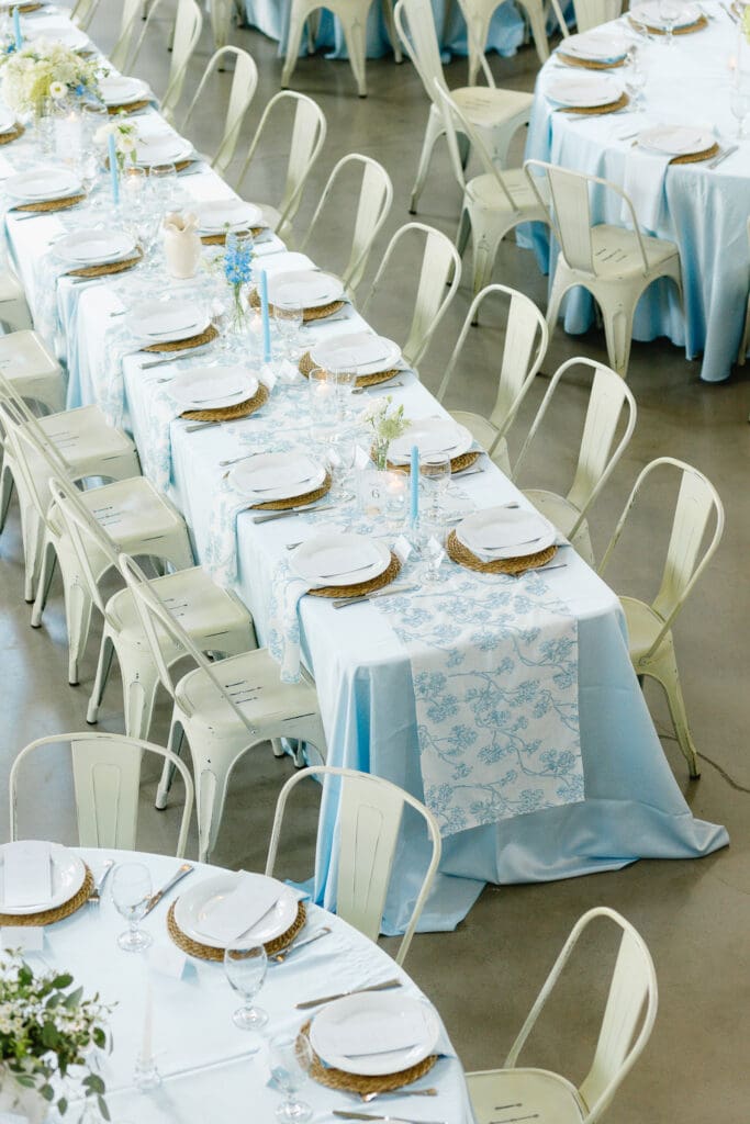 Soft blue and white reception details at The Barn at Paradise Place